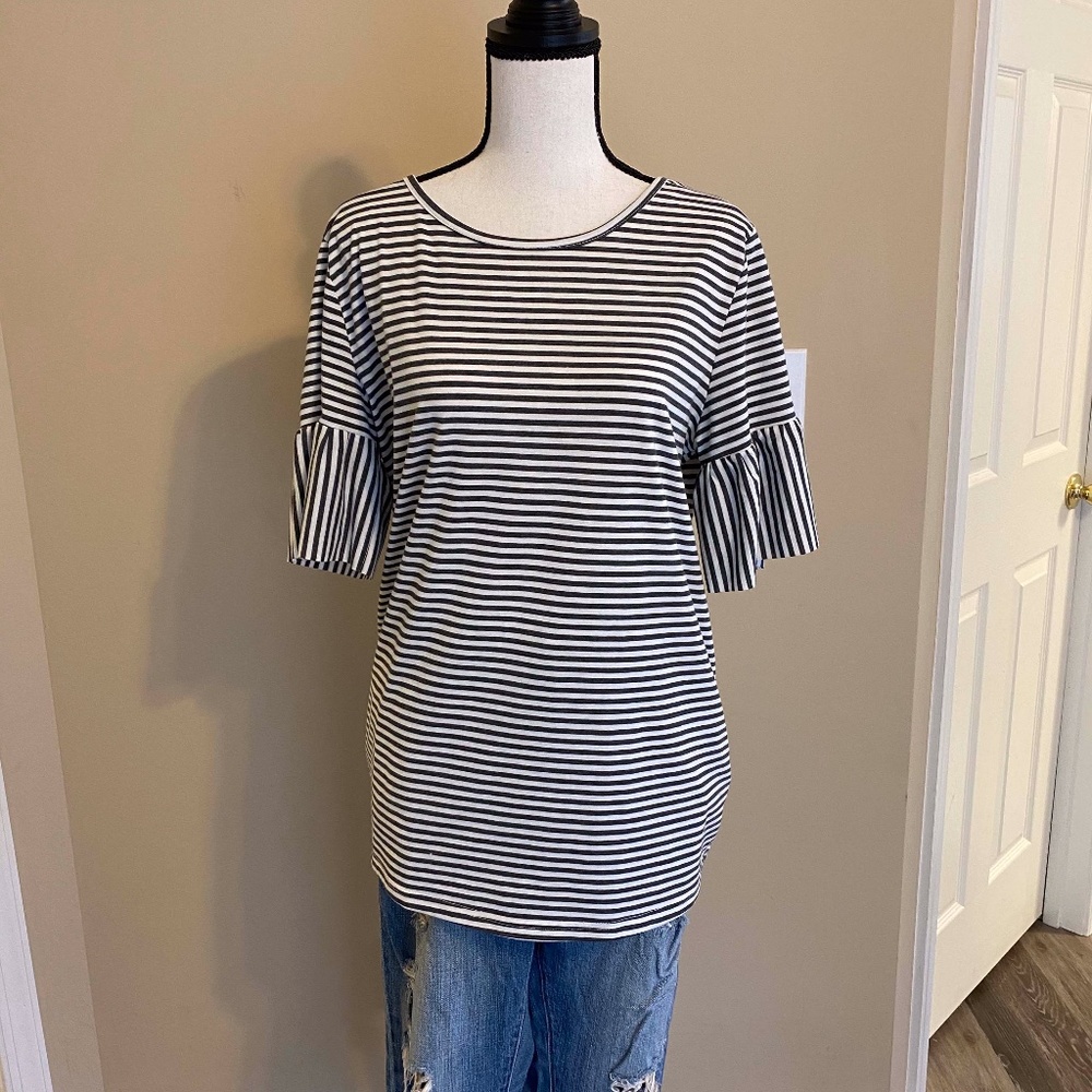 Gray and Striped T-shirt with Ruffle Sleeve